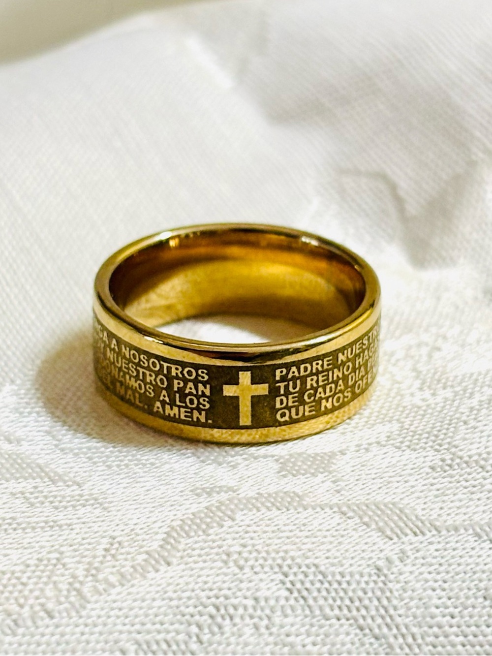 Catholic Lord's Prayer in Spanish Stainless Steel Gold Tone Ring Size 8